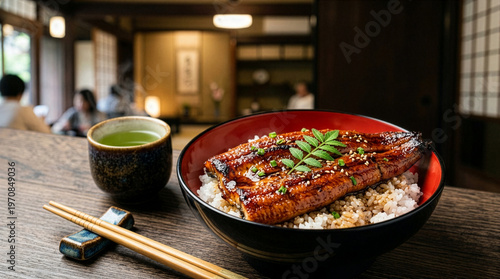Luxury Japanese grilled eel bowl (Unagi Kabayaki) for Doyo-no-Ushi, professional food photography, copy space