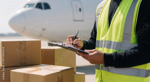 A person in a high-visibility vest checking boxes next to an airplane