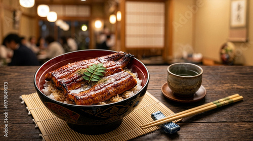 Luxury Japanese grilled eel bowl (Unagi Kabayaki) for Doyo-no-Ushi, professional food photography, copy space