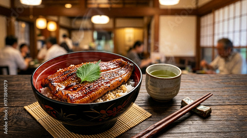 Luxury Japanese grilled eel bowl (Unagi Kabayaki) for Doyo-no-Ushi, professional food photography, copy space