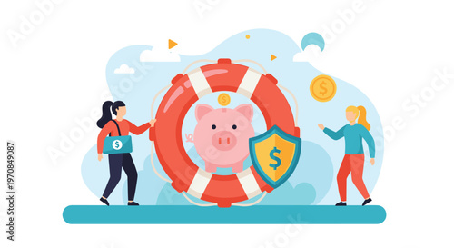 Two women placing gold coins into a large pink piggy bank inside a lifebuoy for financial security and safety.