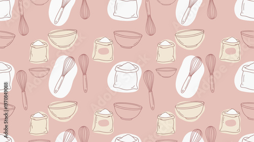 Baking essentials pattern: flour bags, bowls, whisks, seamless design for holiday baking joy. Minimalist hand-drawn line art, soft pastel colors. Vector illustration, repeating background.