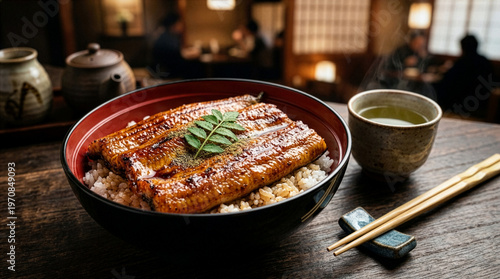 Luxury Japanese grilled eel bowl (Unagi Kabayaki) for Doyo-no-Ushi, professional food photography, copy space