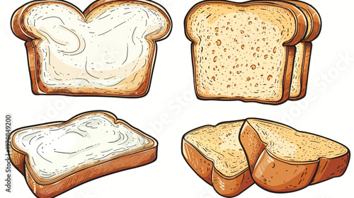 Assorted slices of bread in cartoon style with outlined edges on a white background