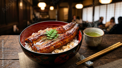 Luxury Japanese grilled eel bowl (Unagi Kabayaki) for Doyo-no-Ushi, professional food photography, copy space