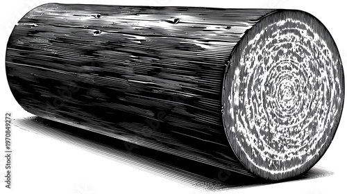 Artistic illustration of a detailed, cylindrical cut log with rough surface textures and growth rings