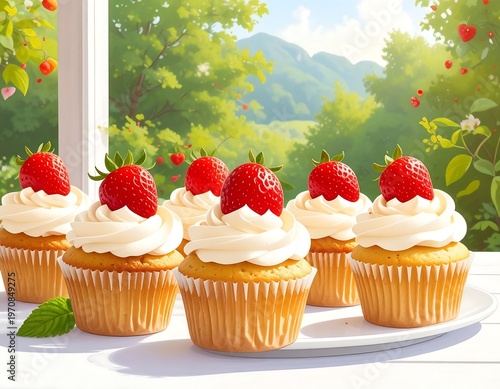 A plate of cupcakes with strawberries on top sits on a table by a window overlooking a garden