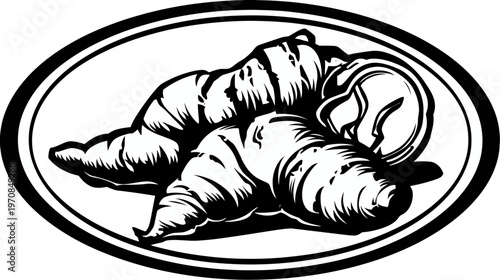 Black and white graphic depicts multiple baked, crescent-shaped pastries within an oval border