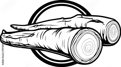 Artistic black and white illustration of cut tree logs, encircled. Decorative design element