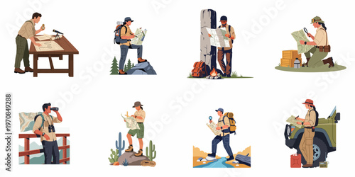 Set of flat illustrations featuring adventurous travelers and explorers navigating diverse terrains with maps and equipment for outdoor expeditions and discovery missions.