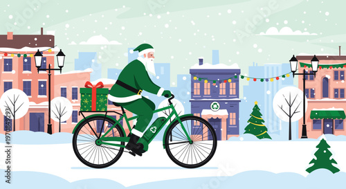 Santa Claus wearing a green suit riding an electric bicycle with a green gift box through a snowy city street.