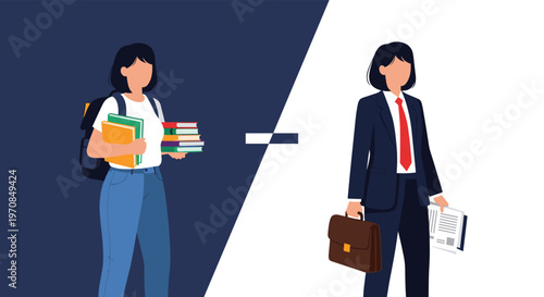 Comparison of a young woman as a student with books and then as a successful professional businesswoman in a suit.