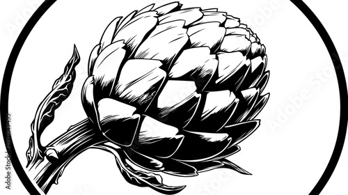 Stylized black and white drawing of an artichoke within a circular frame. Detailed and graphic