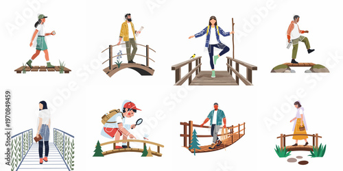 Set of flat illustrations featuring diverse people in raincoats hiking and exploring nature on various wooden bridges.