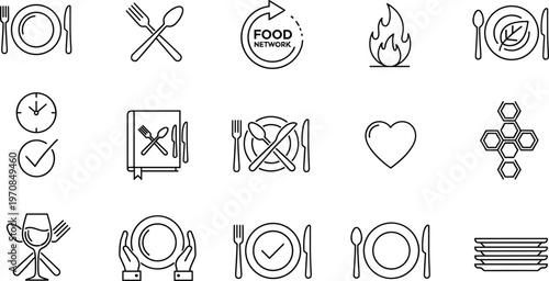 Restaurant dining line icon set with plate cutlery food service symbols and hospitality elements for menu and cafe design
