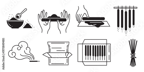 Incense stick manufacturing vector illustration with dough preparation rolling drying and packaging.