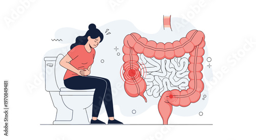 Suffering woman sitting on a toilet with a diagram of human intestines showing inflammation and health issues.