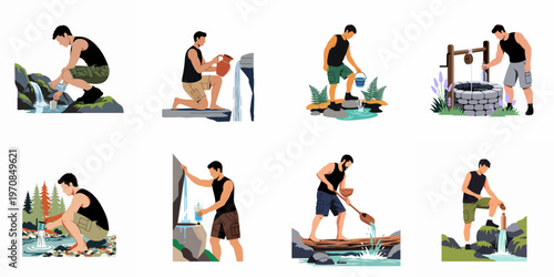 Canvas-taulu Vector illustration set of men collecting fresh water from various natural sources like springs, wells, rivers, and waterfalls in nature