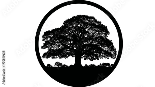 A silhouette of a large tree within a circular frame on a white background