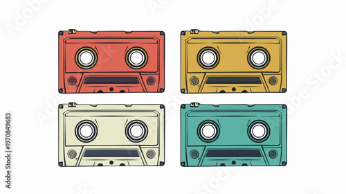 Retro-style illustration of four colored cassette tapes on a white background