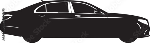 Sedan car silhouette, black vehicle icon, side view, automotive graphic