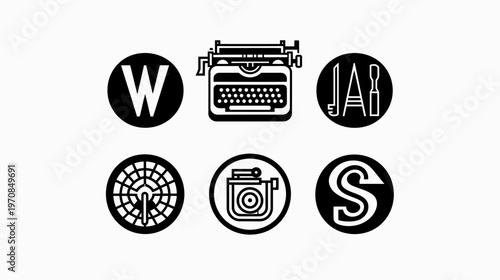Graphic art displaying symbols letters 'W', 'JAI', 'S', typewriter, camera, & measuring instrument