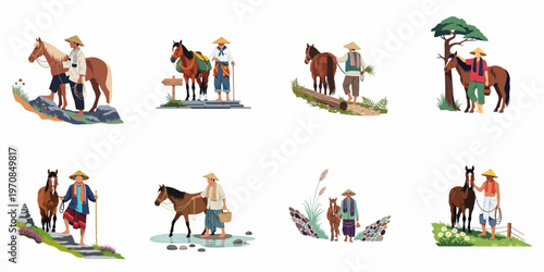Collection of illustrations featuring Southeast Asian people in traditional clothing with horses in diverse natural landscapes like mountains, rivers, and fields.