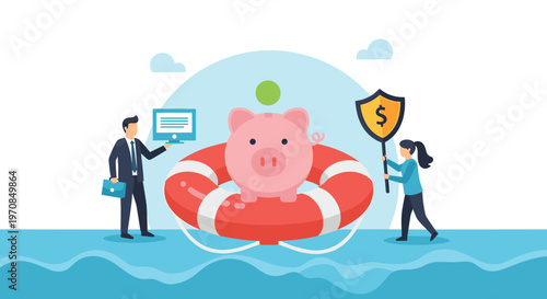 Financial security concept with a piggy bank inside a lifebuoy while professionals provide insurance and protection services.