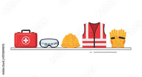 A collection of five essential personal protective equipment items is displayed horizontally on a narrow shelf against a white background.