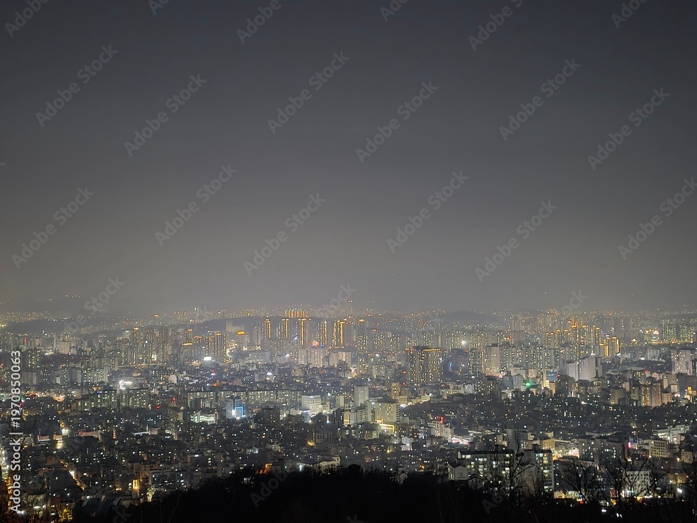Naklejka premium Panoramic night view of a glowing city skyline from a mountain top at night