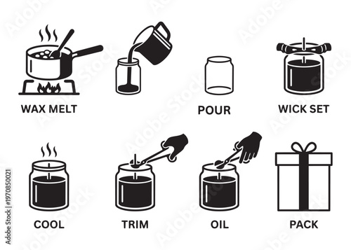 Candle making process icons set with wax melt pour wick set cool trim oil and pack step illustration.
