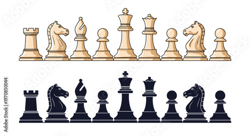 Complete collection of black and white chess pieces arranged in rows for a strategic battle on a classic checkered game board.