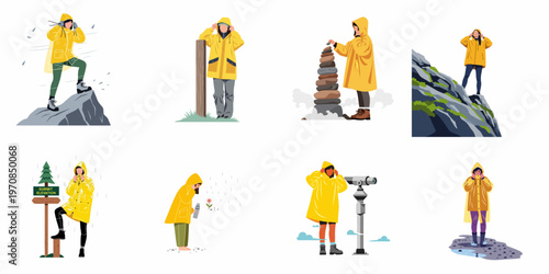 Collection of illustrations featuring women in yellow raincoats exploring mountains, hiking in the rain, and enjoying scenic outdoor views.