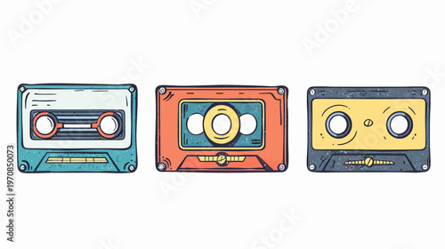Three retro style cassette tapes, each a different color, against a white background