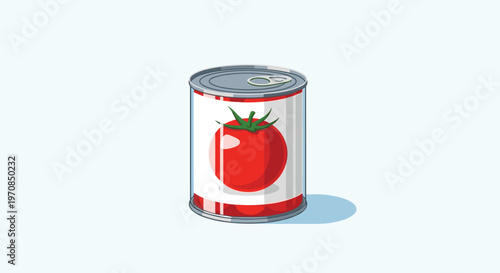 Realistic illustration of a metal can containing tomato soup with a vibrant red vegetable pictured on the white paper label.