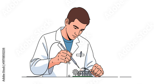 A technician in a lab coat is intently soldering a small electronic circuit board with a visible gear mechanism.