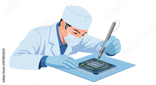 A masked scientist in a lab coat and gloves uses a tool to work on a microchip placed on a blue mat.