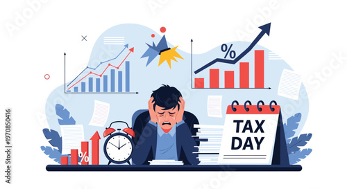 Stressed businessman crying at his office desk while overwhelmed by heavy paperwork and complex financial graphs on tax day.