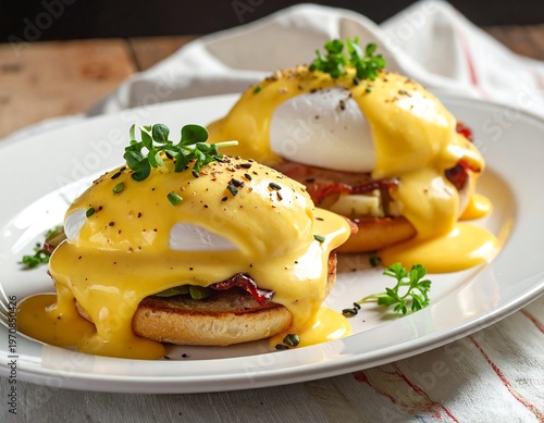 A plate of eggs benedict with hollandaise sauce and garnish