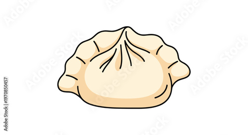 Hand drawn style illustration of a single delicious dumpling or gyoza with traditional pleats isolated on a white background.