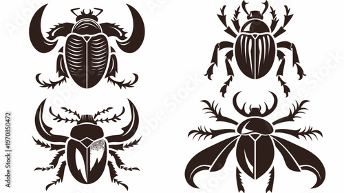 Four decorative beetle illustrations, dark brown silhouettes against a white backdrop