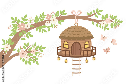 A whimsical treehouse with lanterns and a ladder hanging from a branch with flowers.
