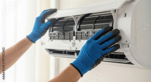 A person wearing blue gloves is servicing an air conditioning unit indoors.