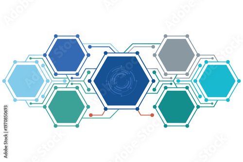 Abstract connection with hexagons linking together in various colors as technology concept.