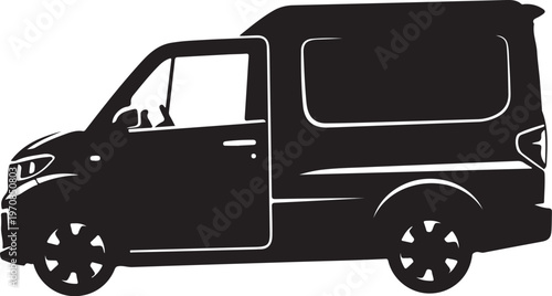 Black van silhouette, delivery truck icon, vehicle outline, transportation symbol