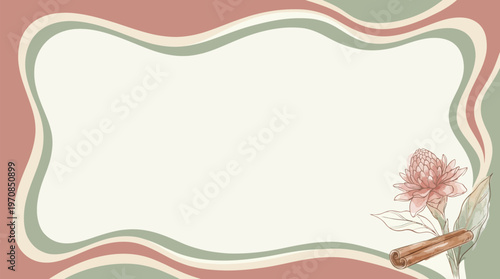 Hand-drawn watercolor ginger flower and cinnamon stick accenting a warm, wavy-bordered template, symbolizing aromatic spice and festive comfort in earthy botanical hues, offering ample copy space.