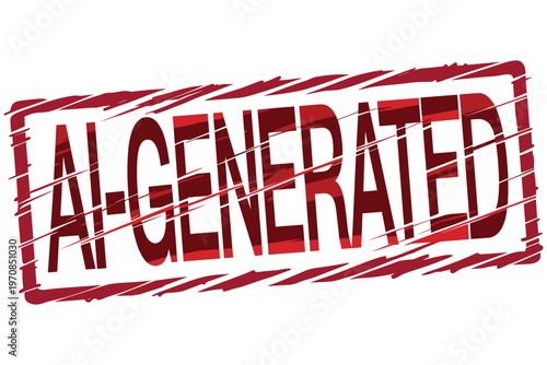 Ai generated text stamp in red color with distressed grunge texture on white background.