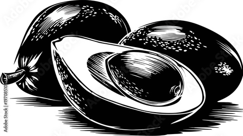Artistic illustration of a few avocados, showing whole and cut-open fruit with a pit