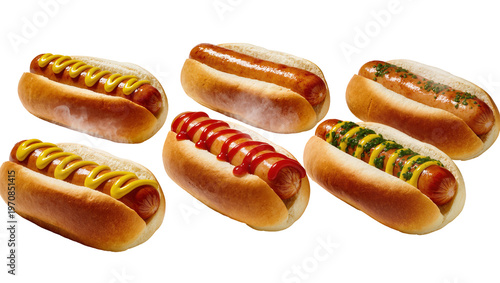 Photos Grilled hotdogs with mustard ketchup and relish on soft buns, presented in a row