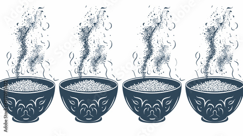 Four bowls with rice, steaming and stylized in dark blue on a white background